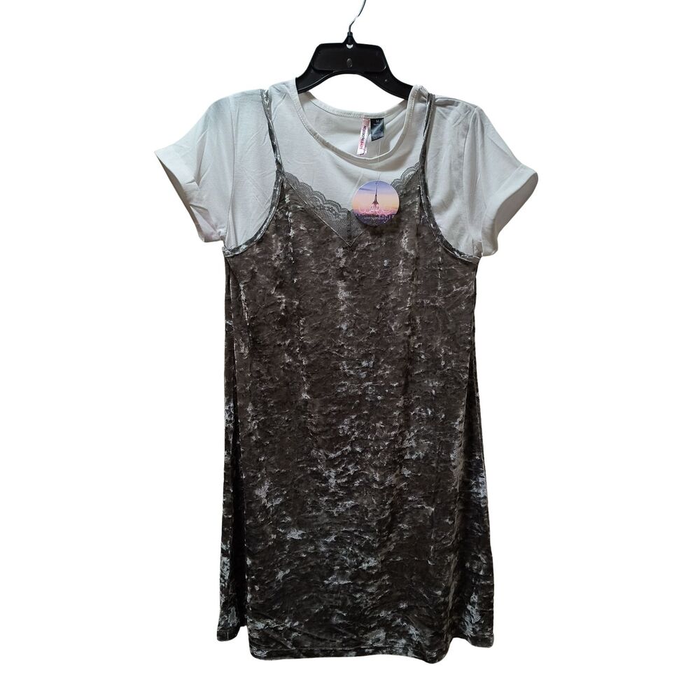 Love by Design Crushed Velvet 2fer Dress Medium Silver Fern Twofer NWT